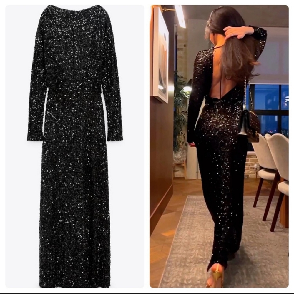 Zara Black Sequin Maxi Dress with Open Back